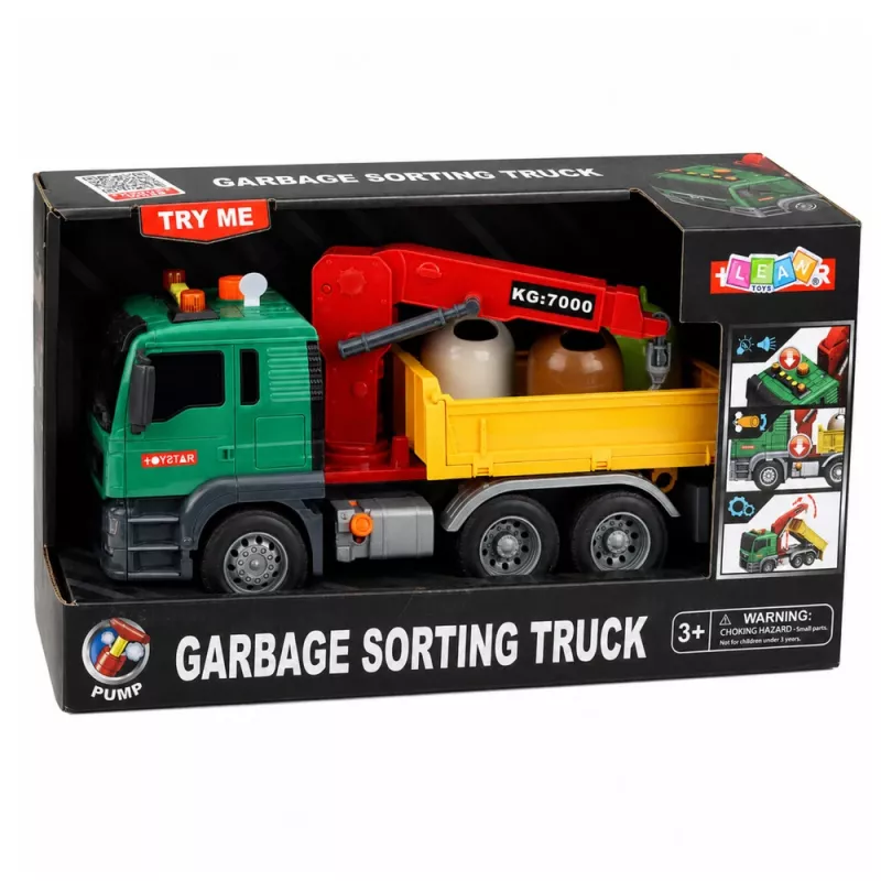 LEAN TOYS afval-sorteervrachtwagen met kraan, containers, wrijvingsaandrijving, licht en geluid