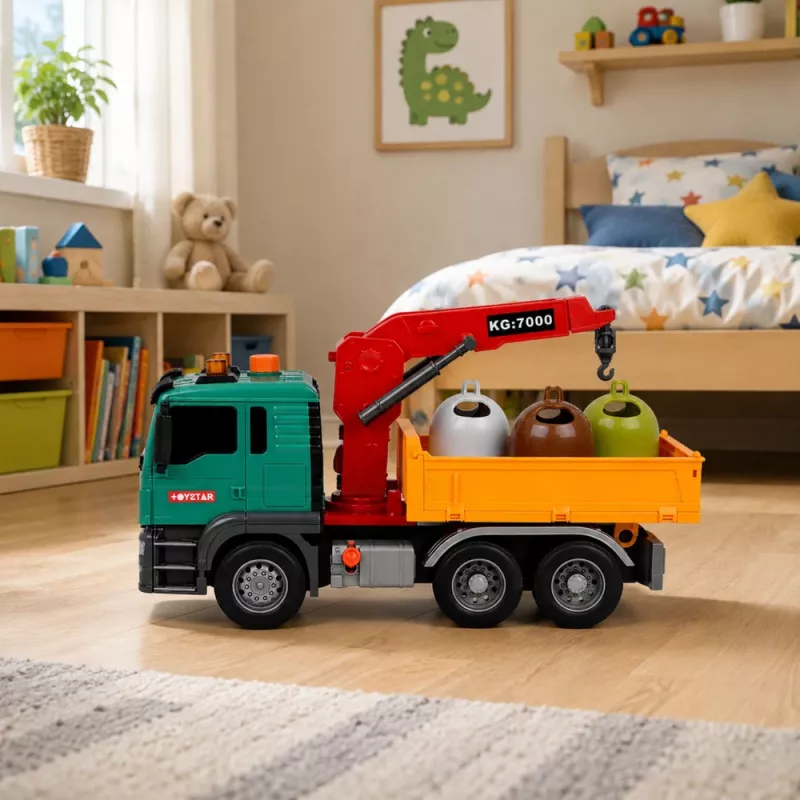 LEAN TOYS afval-sorteervrachtwagen met kraan, containers, wrijvingsaandrijving, licht en geluid