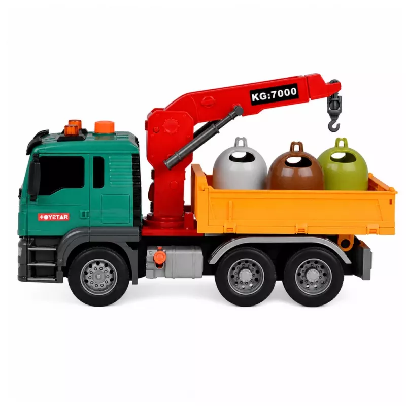 LEAN TOYS afval-sorteervrachtwagen met kraan, containers, wrijvingsaandrijving, licht en geluid
