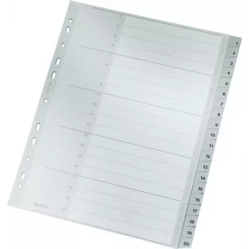 LEITZ 1284 A4 extra brede genummerde tabbladen 1-20, grijs, 20-delig, polypropyleen, 0,12 mm, met beschrijfbaar voorblad 1284-00