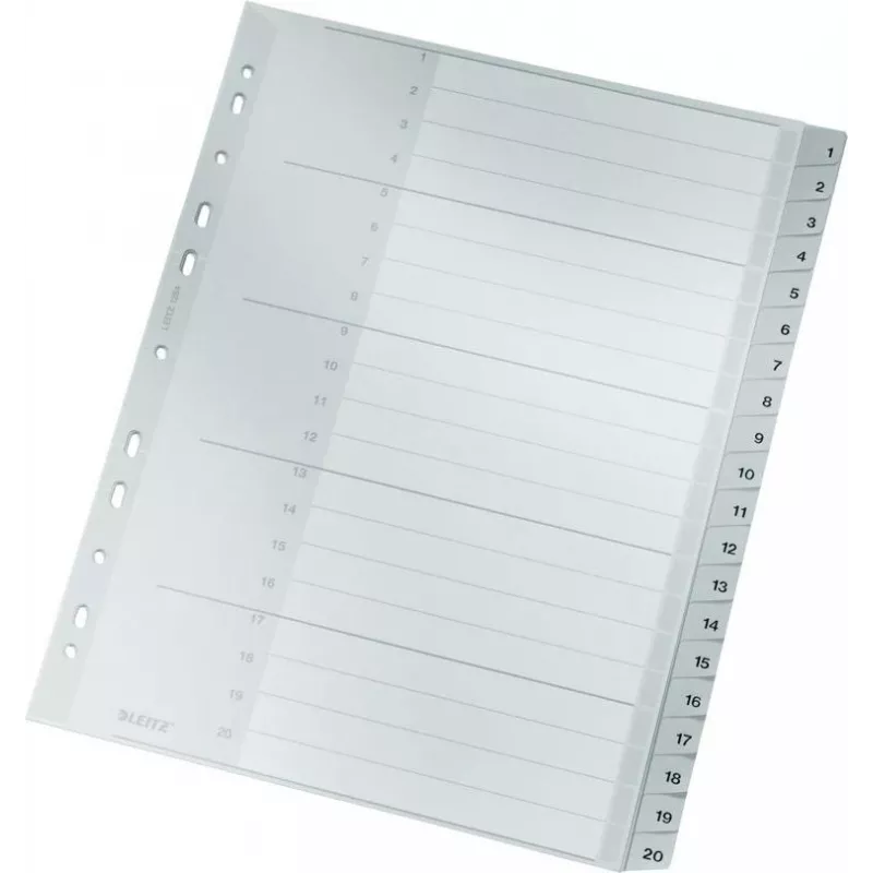 LEITZ 1284 A4 extra brede genummerde tabbladen 1-20, grijs, 20-delig, polypropyleen, 0,12 mm, met beschrijfbaar voorblad 1284-00