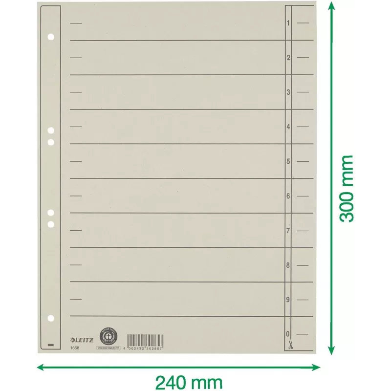 LEITZ A4 extrabrede registertussenschotten, manilla karton 230 g/m², grijs doorgestreken, blanco tabs, 100 blad 1658-00-85