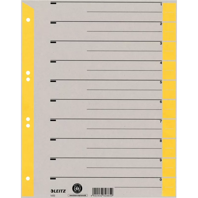 LEITZ A4 extra breed scheidingsbladen van kraftkarton, 230 g/m², grijs met gele blanco tabs, set van 10 delen 1652-00-15