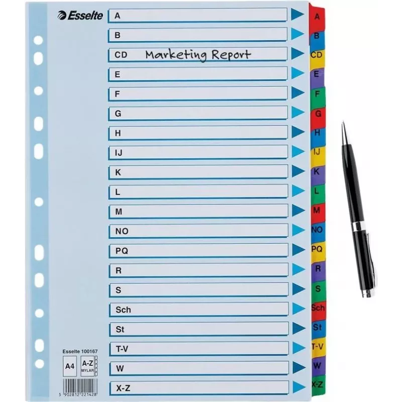 Esselte A4 Mylar A-Z tabbladen, 20-delig, meerkleurig (100167)