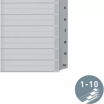 LEITZ A5 kunststof register, genummerd 1-10, grijs, 10-delig, polypropyleen, 0,12 mm, met beschrijfbaar voorblad 1285-00-00