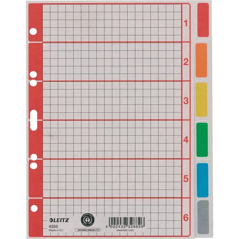 LEITZ Extra stevig karton register, blanco, A5, 6-delig, grijs 230 g/m², beschrijfbaar voorblad met ruitdruk 4355-00-85