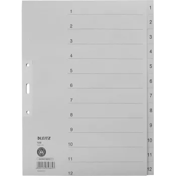 LEITZ Manila register, numeriek 1-12, A4 extra breed, grijs, 12-delig, 100 g/m², 80 mm perforatie, versterkte gaten 1233-00-85