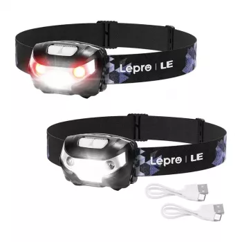 LEPRO 3200008-2 LED-hoofdlamp, 2-pack, 300 lumen, oplaadbaar, IPX4, zwart