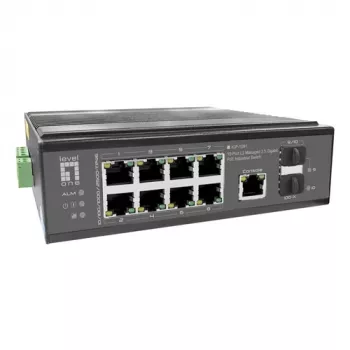LevelOne industriële PoE+ switch 8x 2,5G PoE, 2x 1G, 2x 10G SFP+ uplinks, unmanaged, DIN-rail, IP30