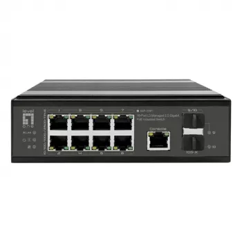 LevelOne industriële PoE+ switch 8x 2,5G PoE, 2x 1G, 2x 10G SFP+ uplinks, unmanaged, DIN-rail, IP30