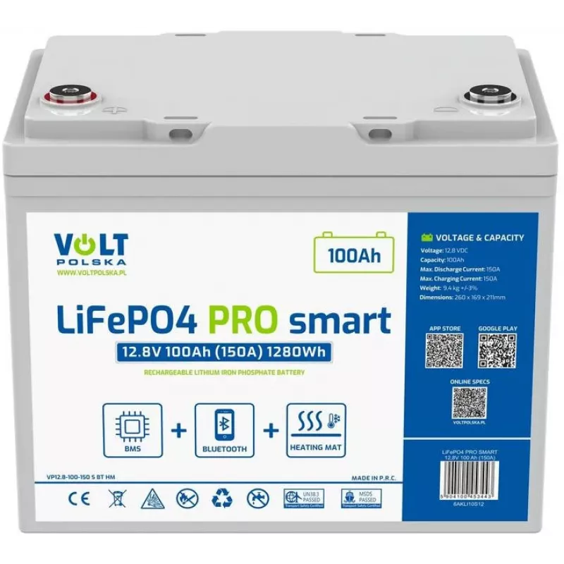 LiFePO4-accu Volt Polska PRO SMART 12,8 V 100 Ah (150 A) BMS BLUETOOTH + VERWARMINGSPAD