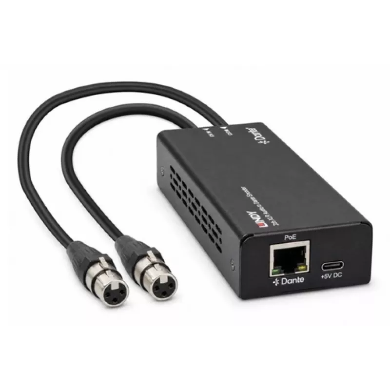 LINDY 2-kanaals XLR audio-naar-Dante-encoder, PoE, AES67, 24-bit/96kHz 70618