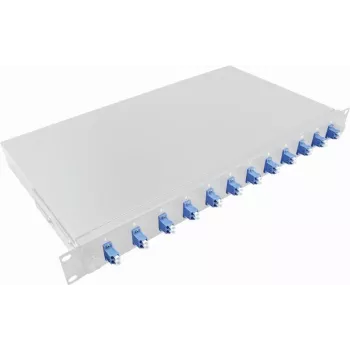 LogiLink 19 inch 1U rackmount splijtbox LC-duplex 12 poorten single mode OS2, volledig bestukt, lichtgrijs F12LC2G