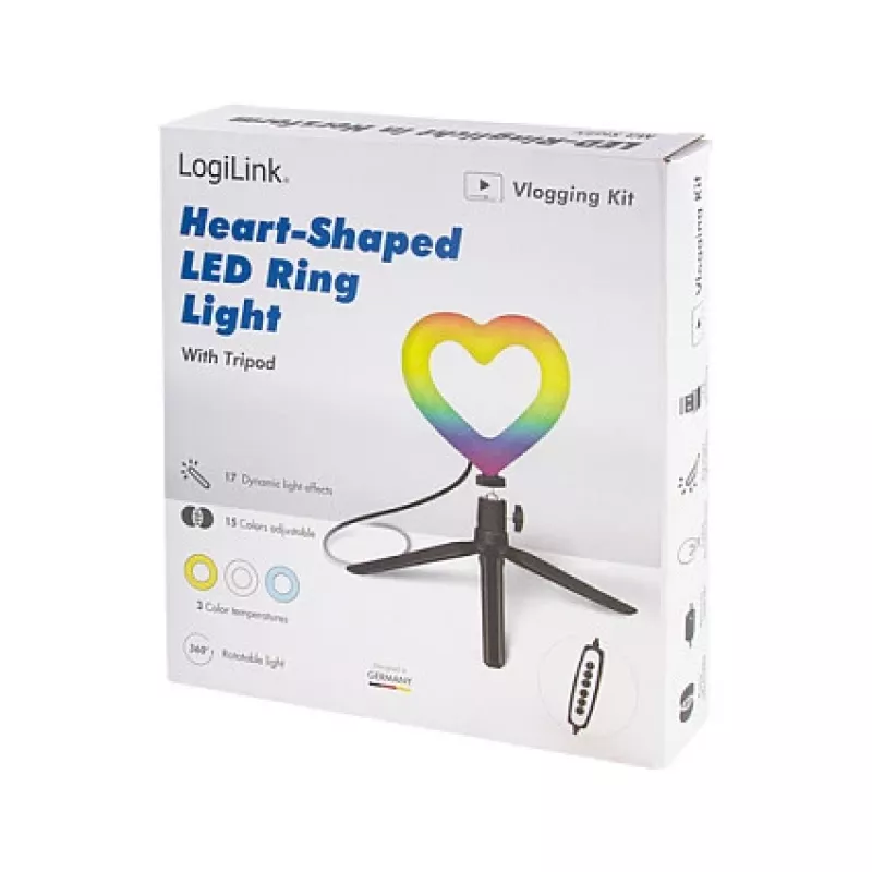 LOGILINK AA0155 LED ring fill light met hartvorm en statief, 20,5 cm, 10 helderheidsstanden, 3000K-6000K, USB-A