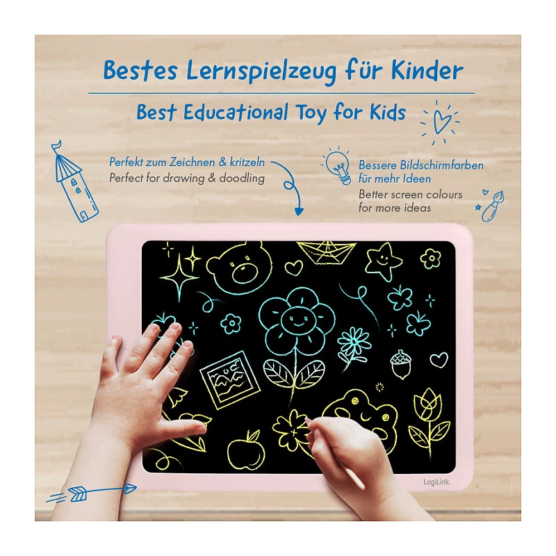 LogiLink AA0182 LCD-schrijftablet, 14 inch, roze, meerkleurig herbruikbaar krabbelbord