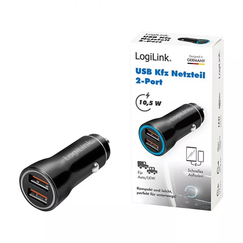 LogiLink PA0285 2-poorts USB-autolader 10,5 W, LED-verlicht, zwart