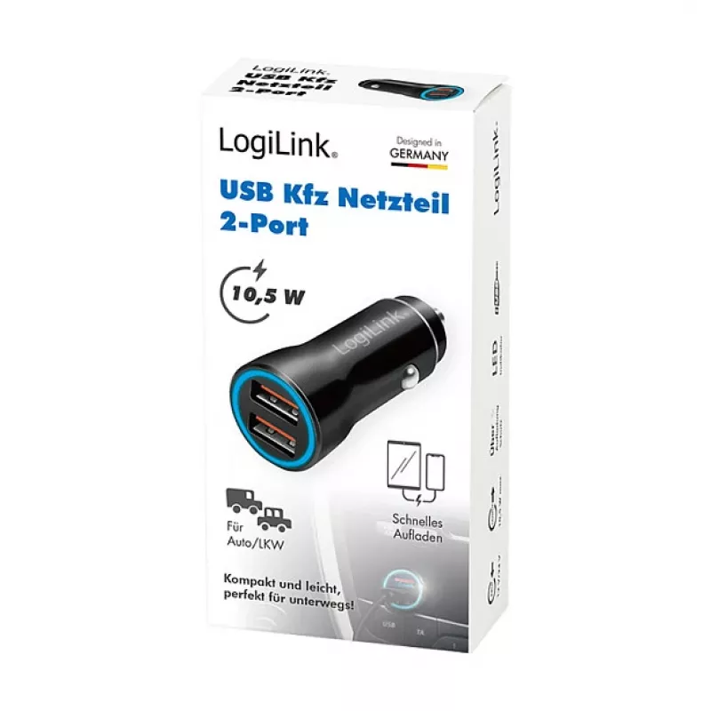 LogiLink PA0285 2-poorts USB-autolader 10,5 W, LED-verlicht, zwart