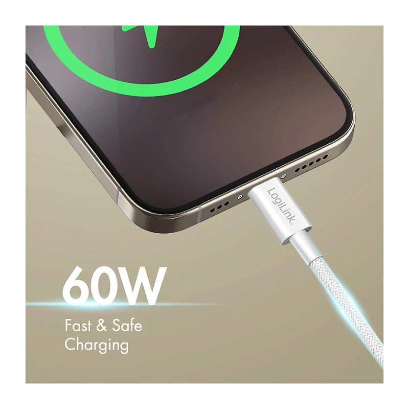 LogiLink CU0320 USB 2.0 Type-C kabel, USB-A naar USB-C, 480 Mbps, 60W, nylon gevlochten, wit, 0,5 m