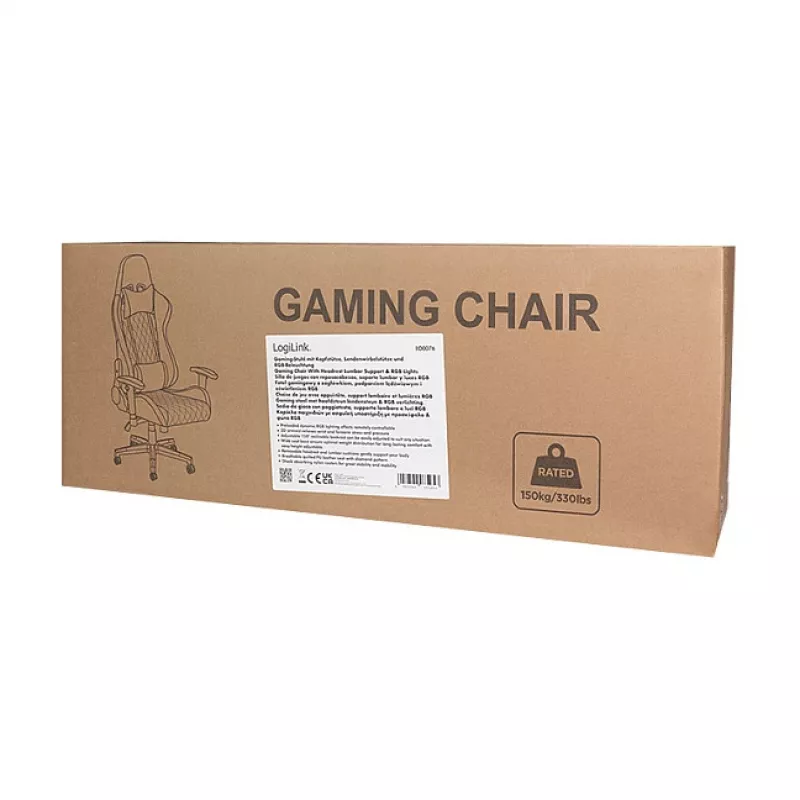 LogiLink EO0076 gaming chair met RGB-verlichting, lendensteun, zwart/blauw