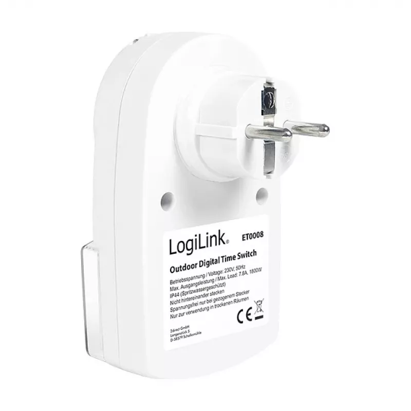 LOGILINK ET0008 buiten digitale tijdschakelaar - IP44, 10 AAN/UIT programma's, 16A/3680W, Schuko (type F), zwart/grijs