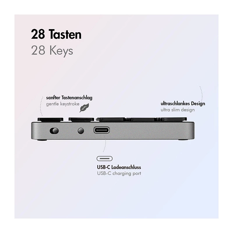 LogiLink ID0212 draadloos numeriek toetsenblok, 28 toetsen, Bluetooth 5.0, Space Grey
