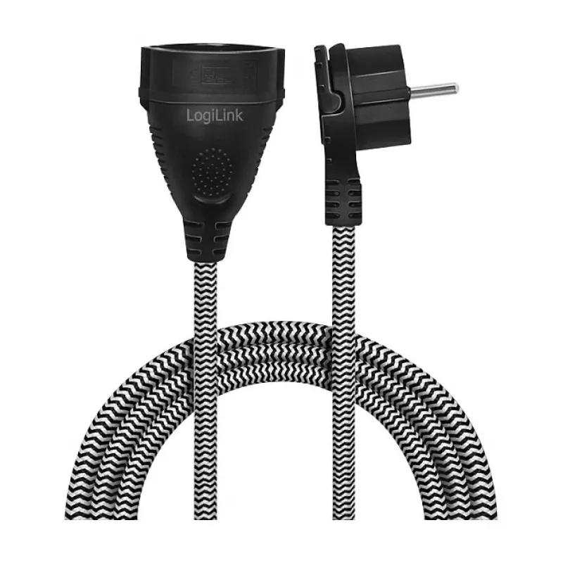 LogiLink LPS104 verlengkabel, CEE 7/7 naar CEE 7/3, textielvlecht, zwart/grijs, 3 m