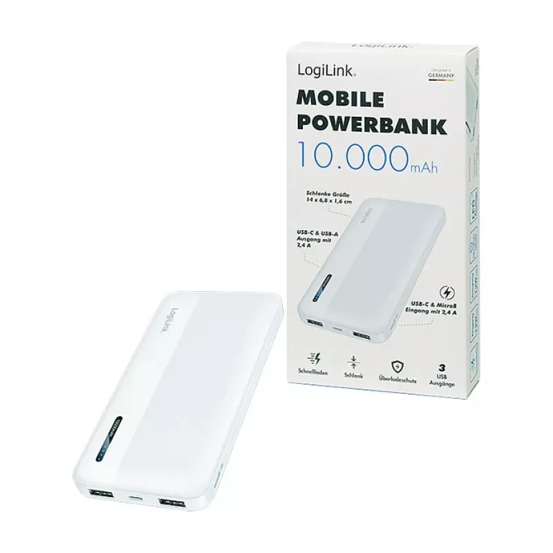 Logilink mobiele powerbank, LiPo, 10000 mAh, USB-C in/out, wit
