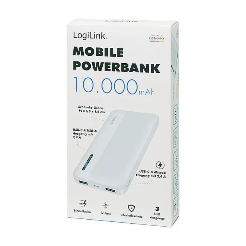 Logilink mobiele powerbank, LiPo, 10000 mAh, USB-C in/out, wit