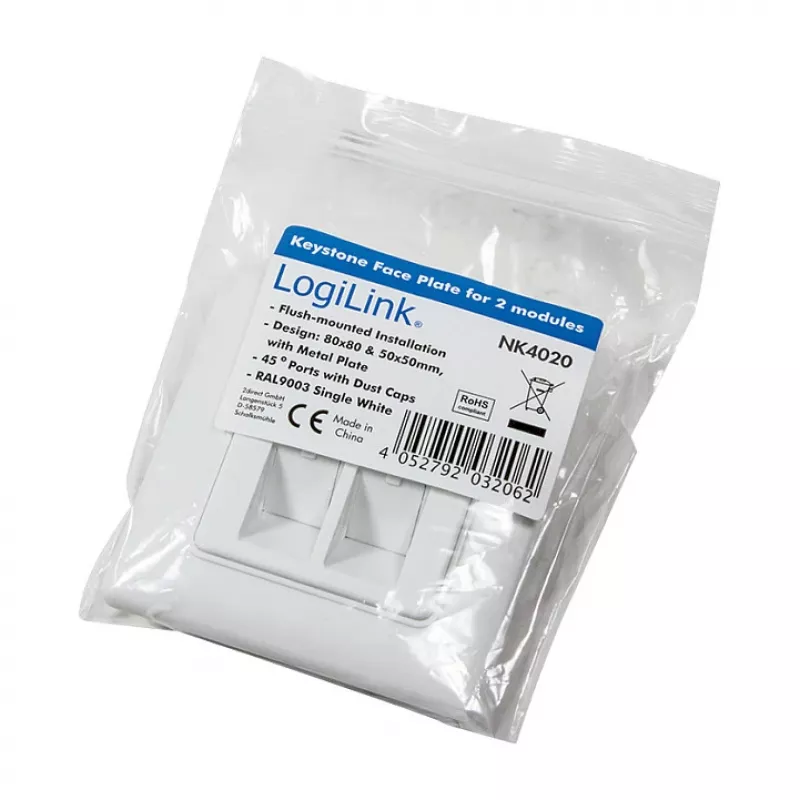 LogiLink NK4020 keystone wandcontactdoos, inbouw, 2 modules, signaalwit