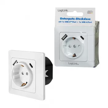LOGILINK PA0253 Wandcontactdoos met 1 Schuko-stopcontact, 1 USB-A- en 1 USB-C-oplaadpoort, 3,1 A, Wit