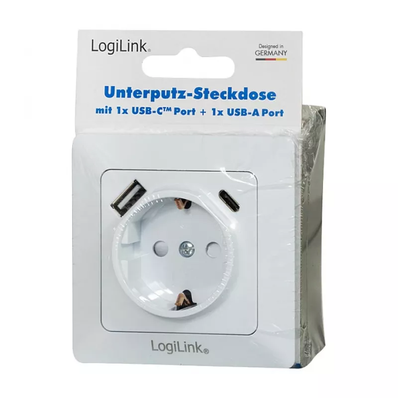 LOGILINK PA0253 Wandcontactdoos met 1 Schuko-stopcontact, 1 USB-A- en 1 USB-C-oplaadpoort, 3,1 A, Wit