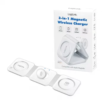 LOGILINK PA0344 magnetische oplader 3-in-1 voor Apple-apparaten, wit, opvouwbaar, MagSafe, 15W