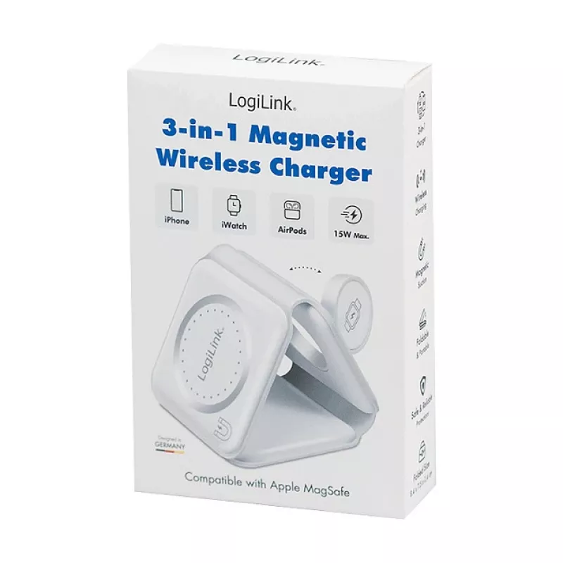 LOGILINK PA0344 magnetische oplader 3-in-1 voor Apple-apparaten, wit, opvouwbaar, MagSafe, 15W