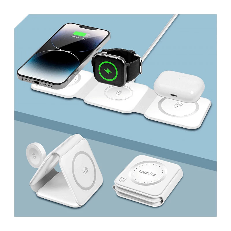 LOGILINK PA0344 magnetische oplader 3-in-1 voor Apple-apparaten, wit, opvouwbaar, MagSafe, 15W