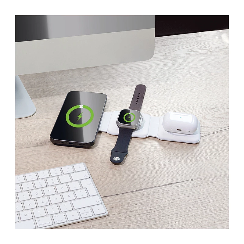 LOGILINK PA0344 magnetische oplader 3-in-1 voor Apple-apparaten, wit, opvouwbaar, MagSafe, 15W