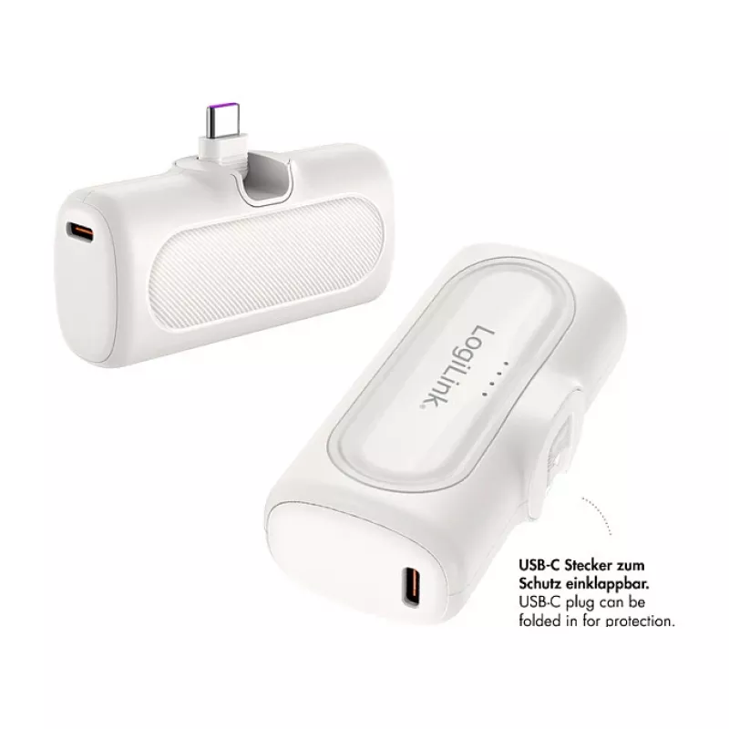 LogiLink PA0349W mobiele powerbank, 5000 mAh, LiPo, geïntegreerde opklapbare USB-C-stekker en USB-C-aansluiting, wit