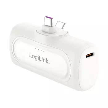 LogiLink PA0349W mobiele powerbank, 5000 mAh, LiPo, geïntegreerde opklapbare USB-C-stekker en USB-C-aansluiting, wit