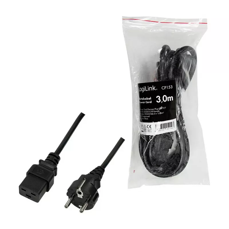 Logilink netkabel, CEE 7/7 naar IEC C19, zwart, 3 m