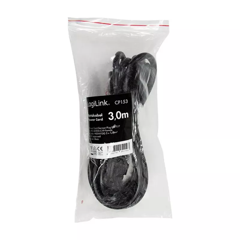 Logilink netkabel, CEE 7/7 naar IEC C19, zwart, 3 m