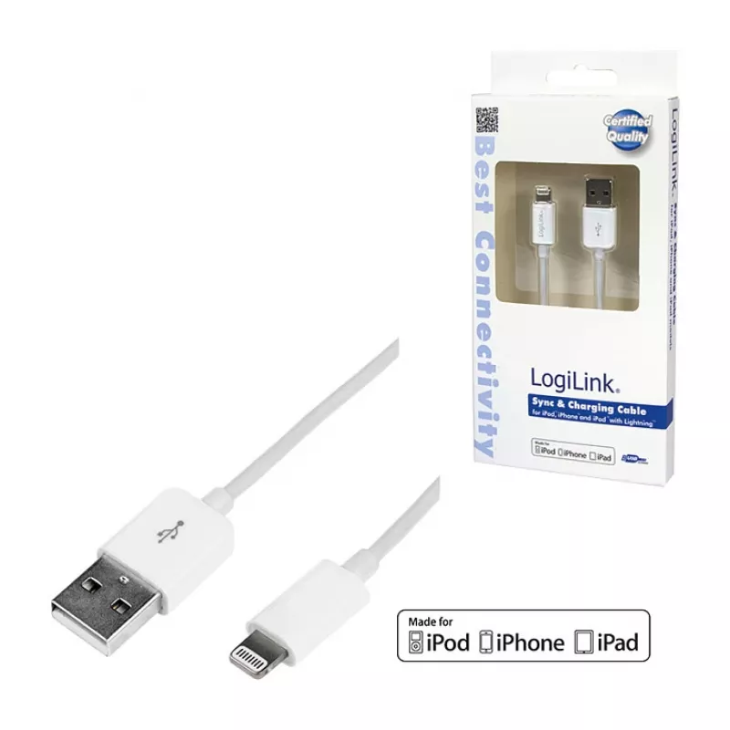 Logilink UA0199 Lightning-kabel, MFI-gecertificeerd, USB-A naar Lightning 8-pins, wit, 1m (snel laden & synchroniseren)