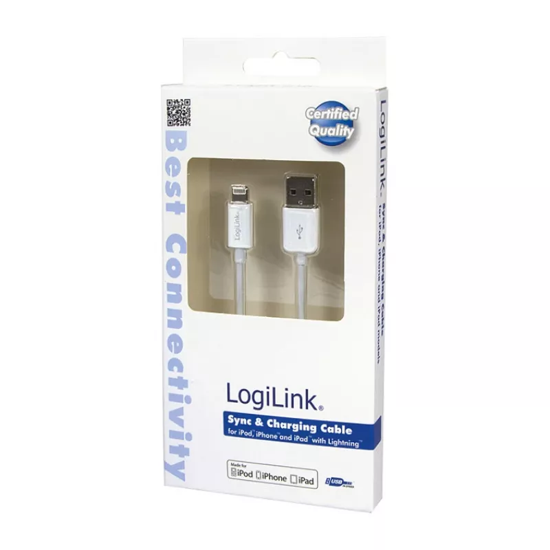 Logilink UA0199 Lightning-kabel, MFI-gecertificeerd, USB-A naar Lightning 8-pins, wit, 1m (snel laden & synchroniseren)