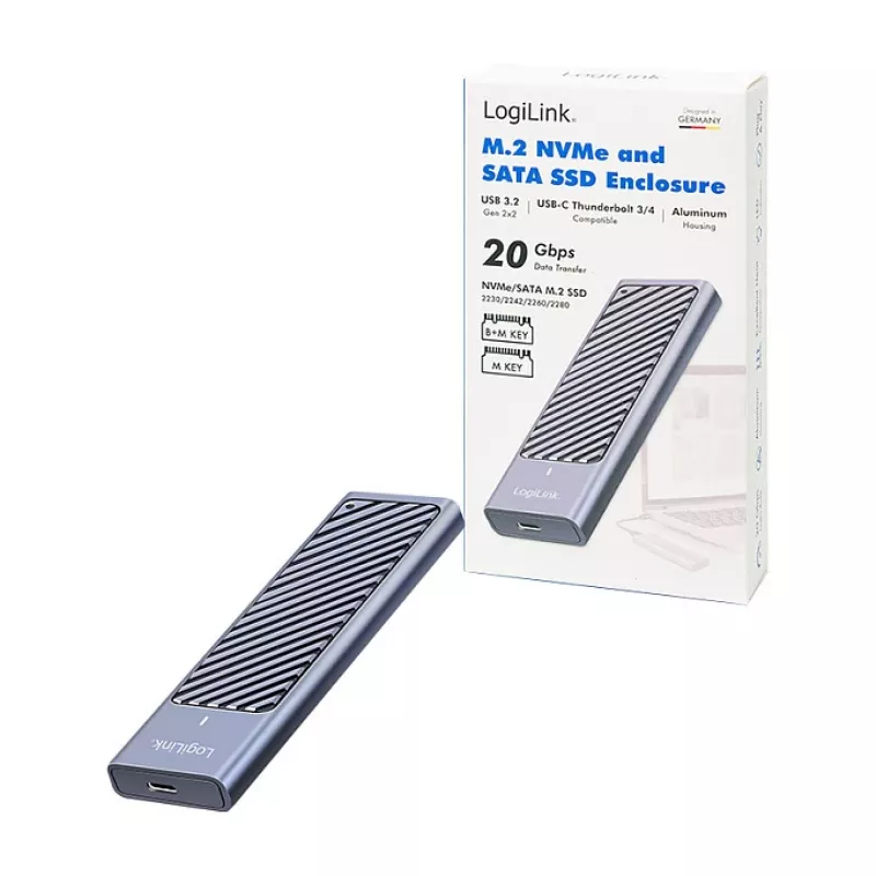 LogiLink UA0435 USB 3.2 Gen 2x2 SSD-behuizing, M.2 NVMe/SATA, USB-C, 20 Gbps, Grijs