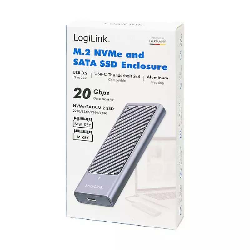 LogiLink UA0435 USB 3.2 Gen 2x2 SSD-behuizing, M.2 NVMe/SATA, USB-C, 20 Gbps, Grijs