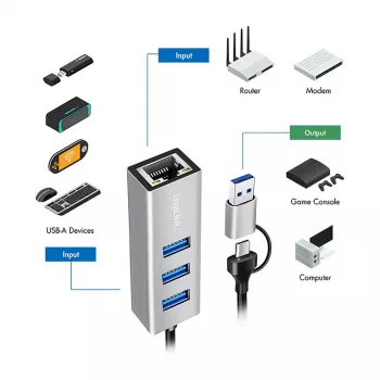 Logilink UA0440 USB 3.2 Gen 1 3-poorts hub met Gigabit Ethernet-adapter, USB-C- en USB-A-aansluiting, aluminium