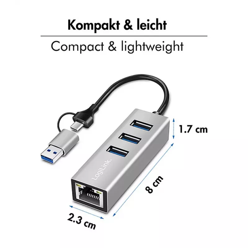 Logilink UA0440 USB 3.2 Gen 1 3-poorts hub met Gigabit Ethernet-adapter, USB-C- en USB-A-aansluiting, aluminium