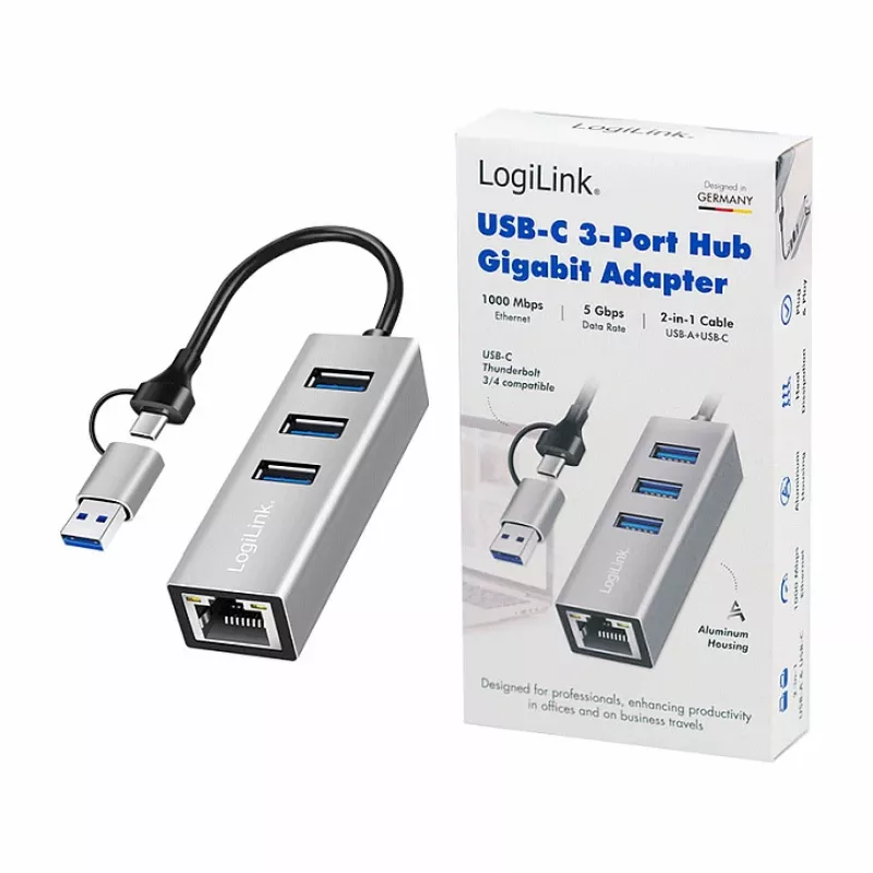 Logilink UA0440 USB 3.2 Gen 1 3-poorts hub met Gigabit Ethernet-adapter, USB-C- en USB-A-aansluiting, aluminium