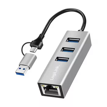 Logilink UA0440 USB 3.2 Gen 1 3-poorts hub met Gigabit Ethernet-adapter, USB-C- en USB-A-aansluiting, aluminium