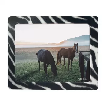 LogiLink ultraplat muismat met geïntegreerd fotolijstje, zebra-design, antislip rubberen basis, 2 mm, 10 x 15 cm foto, zwart/wit