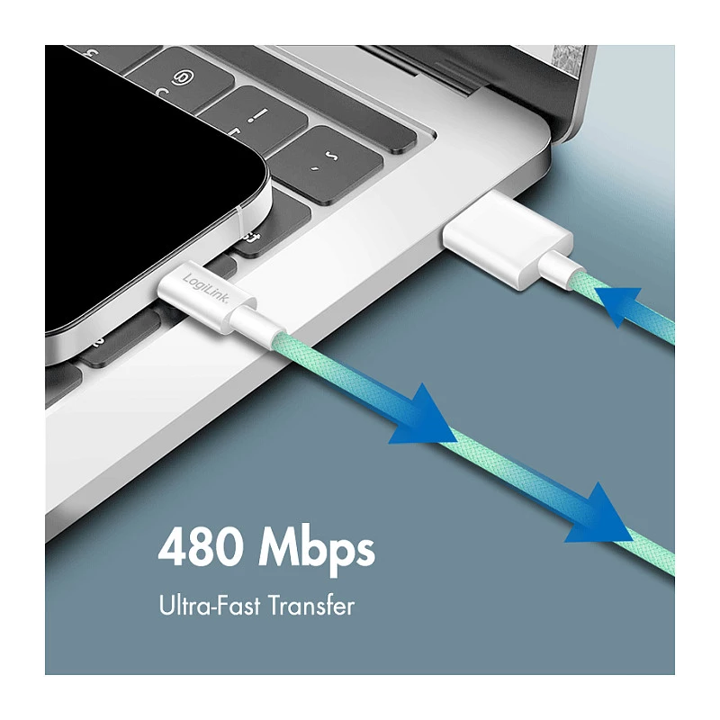 LogiLink USB 2.0 Type-C kabel, A/M naar C/M, 480 Mbit/s, 60 W, nylon, groen, 0,5 m