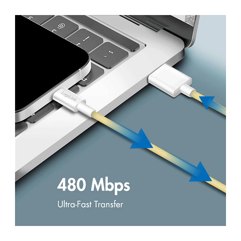 LogiLink USB 2.0 Type-C kabel, A/M naar C/M, 480 Mbps, 60W, nylon, geel, 0,5 m